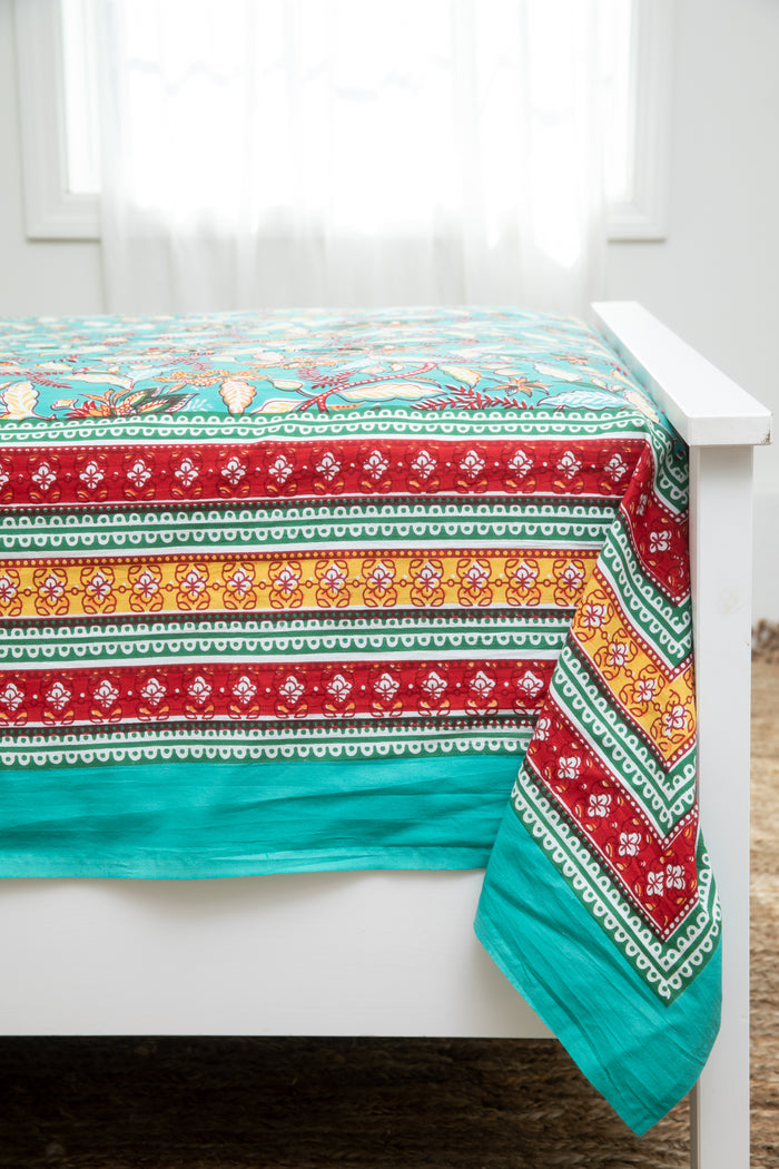 Hand printed India tapestry in teal garden