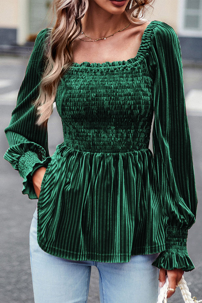 Haut babydoll en velours côtelé smocké vert noirâtre