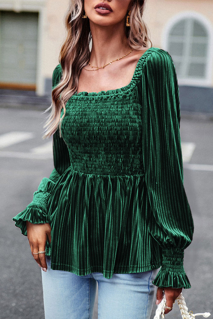 Haut babydoll en velours côtelé smocké vert noirâtre