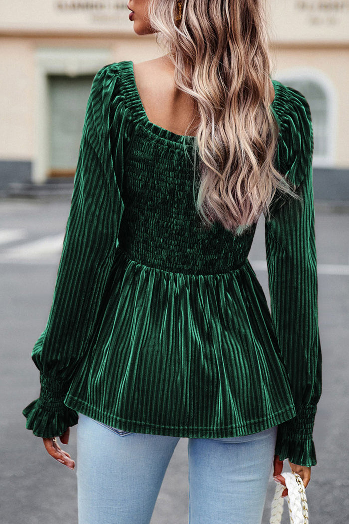 Haut babydoll en velours côtelé smocké vert noirâtre