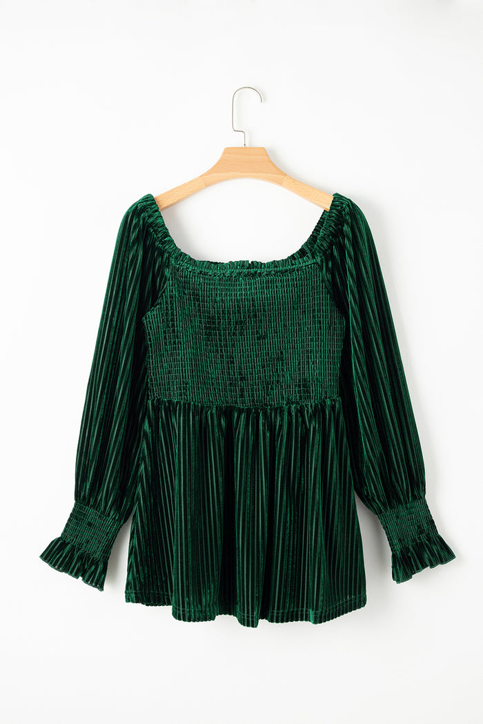 Haut babydoll en velours côtelé smocké vert noirâtre