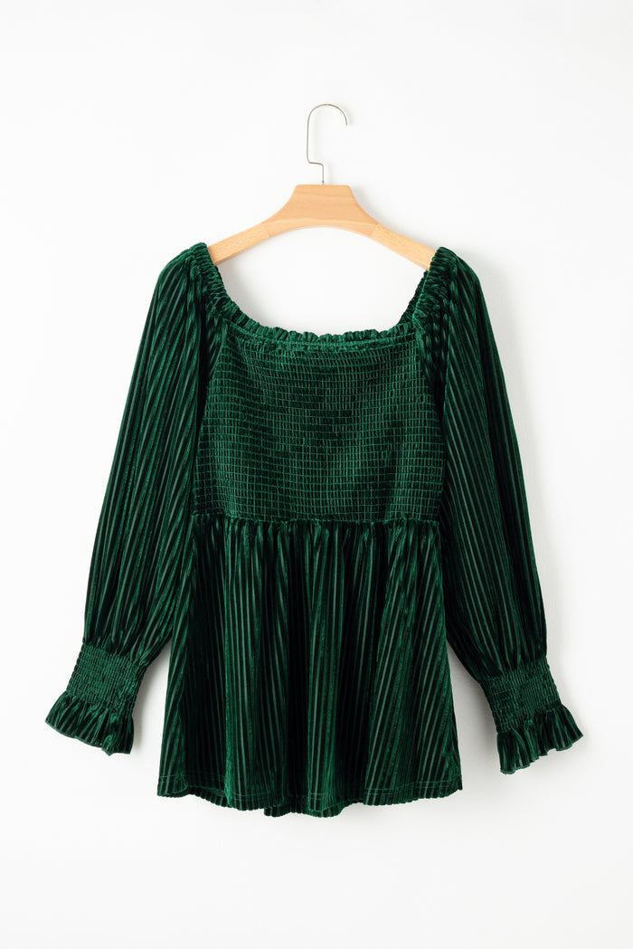 Haut babydoll en velours côtelé smocké vert noirâtre