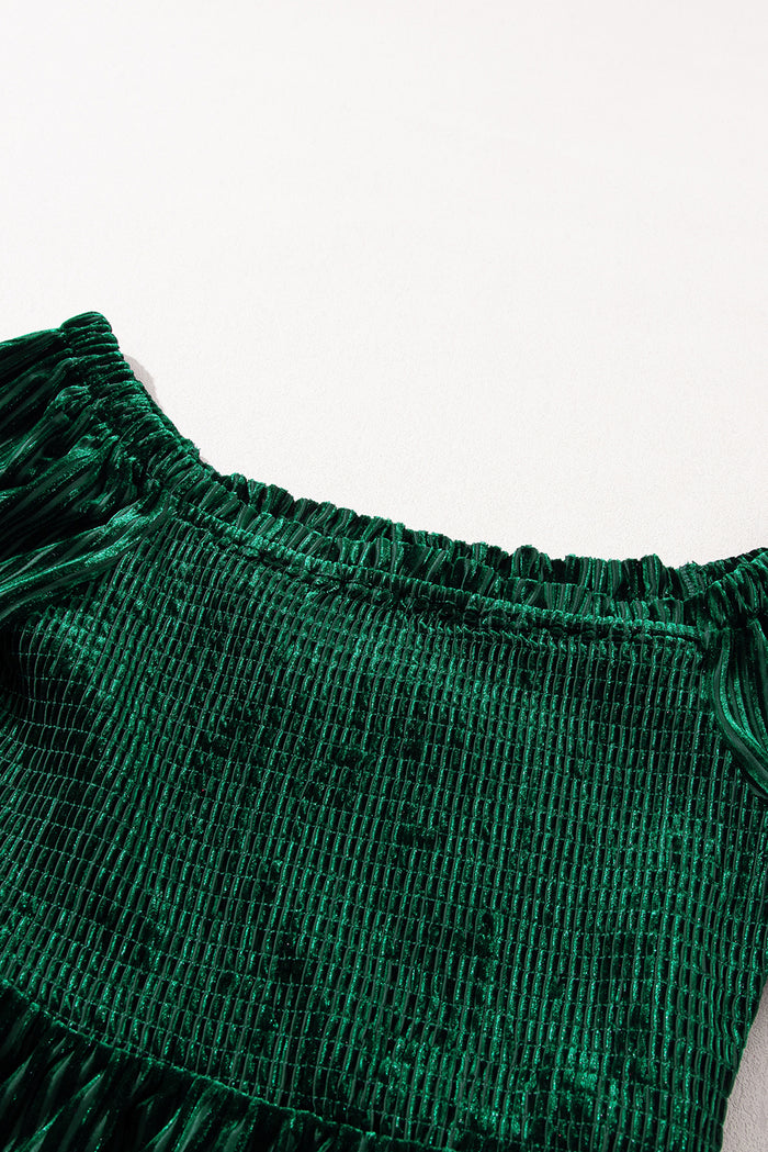 Haut babydoll en velours côtelé smocké vert noirâtre