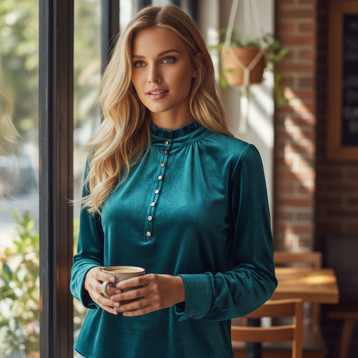 Haut vert en velours boutonné sur le devant *