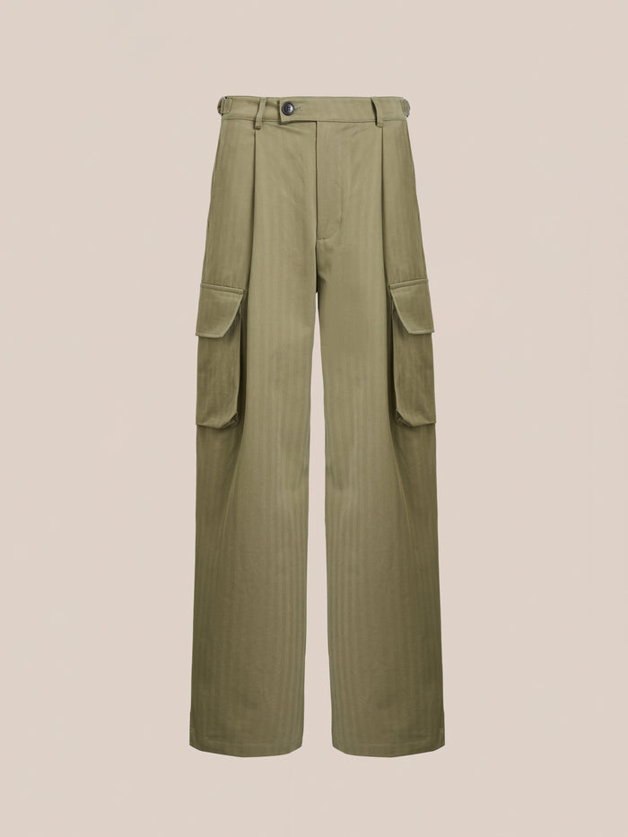 FOUND's Hava Herringbone Pleated Cargo Trousers feature a button closure, side pockets, and belt loops in a wool-blend for utility wear, displayed against a neutral background.