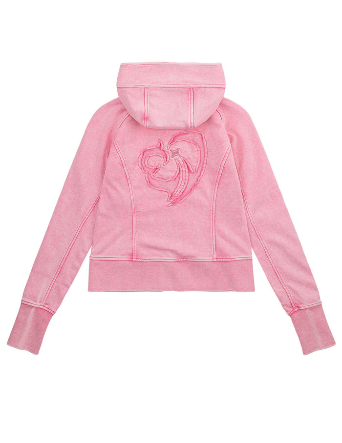 Heart Seagull Appliqued Dirty Wash Zip-up Hoodie