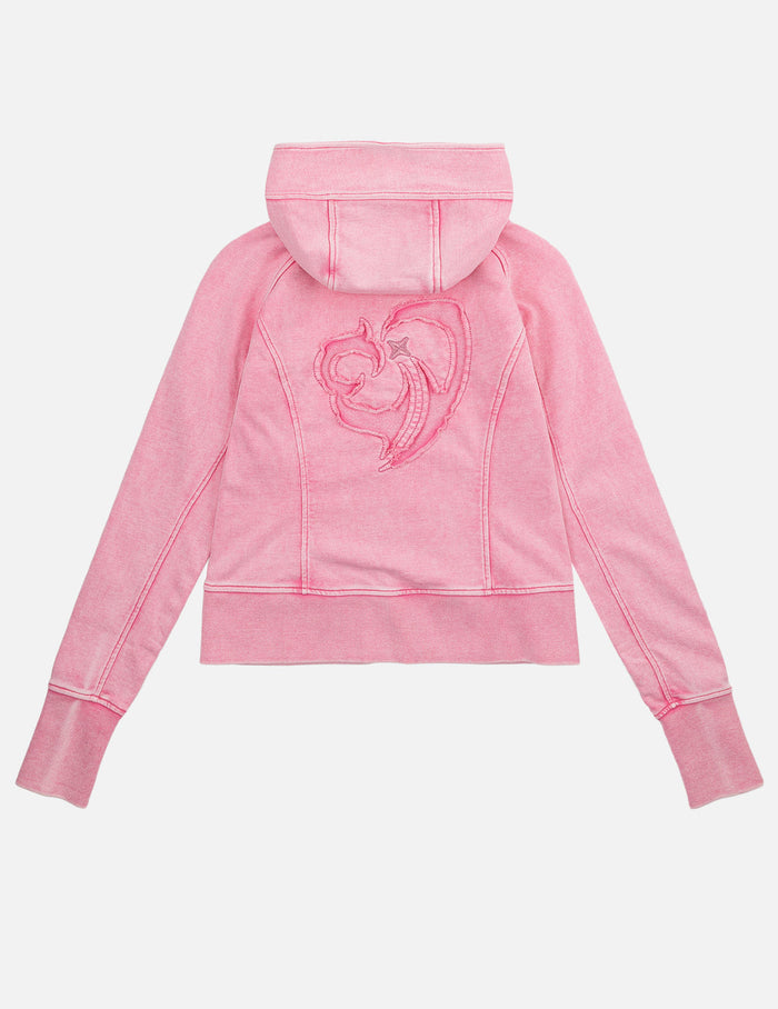 Heart Seagull Appliqued Dirty Wash Zip-up Hoodie