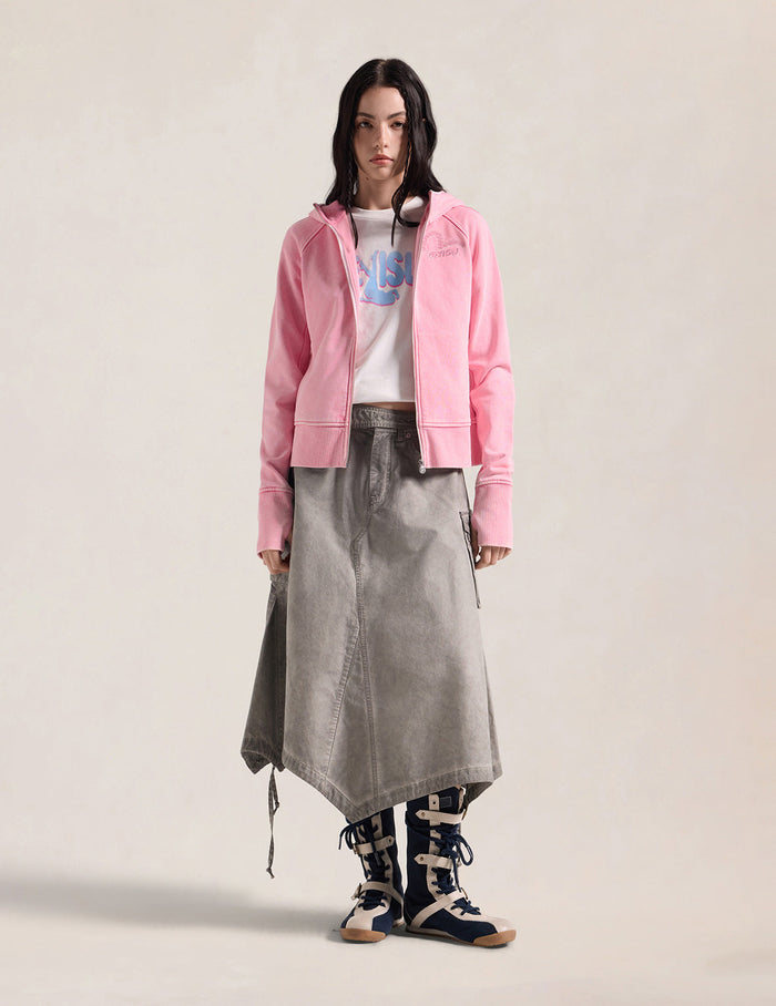 Heart Seagull Appliqued Dirty Wash Zip-up Hoodie
