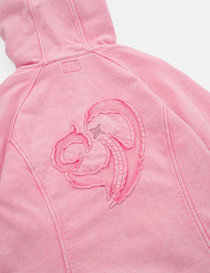 Heart Seagull Appliqued Dirty Wash Zip-up Hoodie