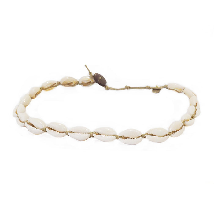 Hemp Cowry Shell Necklace, flat lay cotton cord