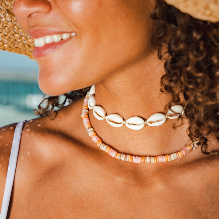 Hemp Cowry Shell Necklace, worn close-up