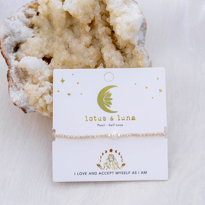 "I Love and Accept Myself as I am" Goddess Bracelet, on card with crystal