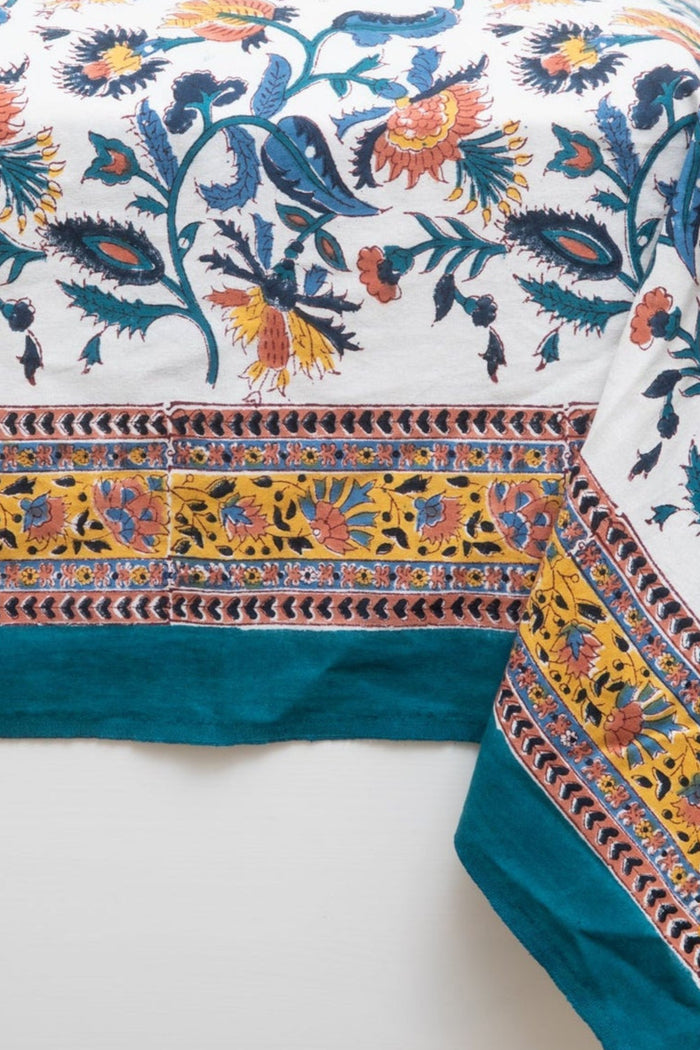 Block Print Floral Tablecloth in Trailing Opulence