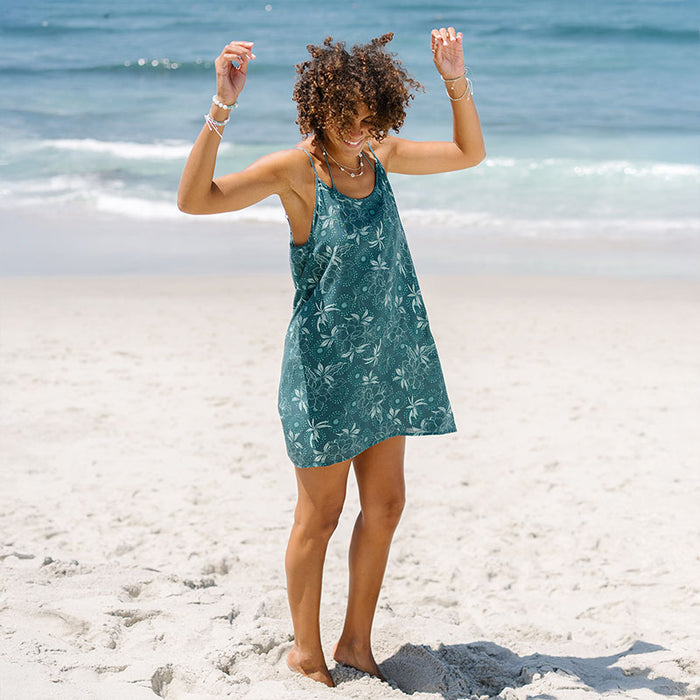 Jade Dahlia Barefoot Beach Dress, worn on the beach