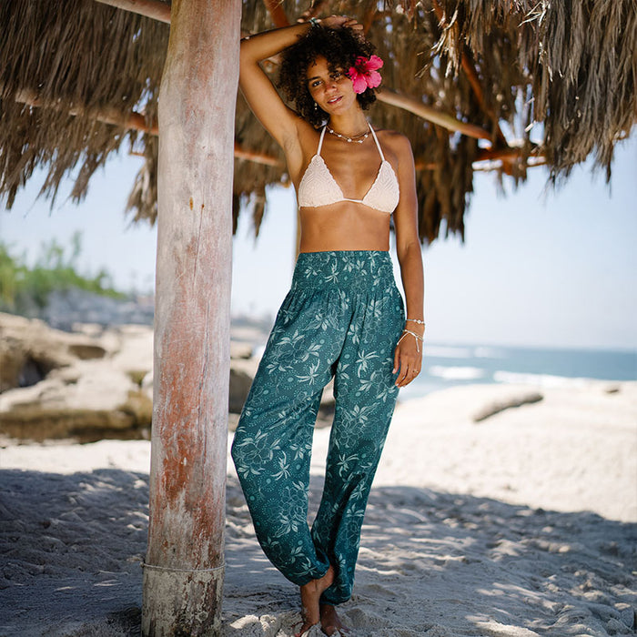 Jade Dahlia Harem Pants, worn on the beach