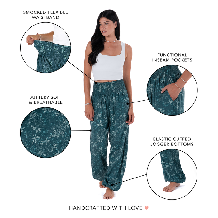 Jade Dahlia Harem Pants, feature callouts