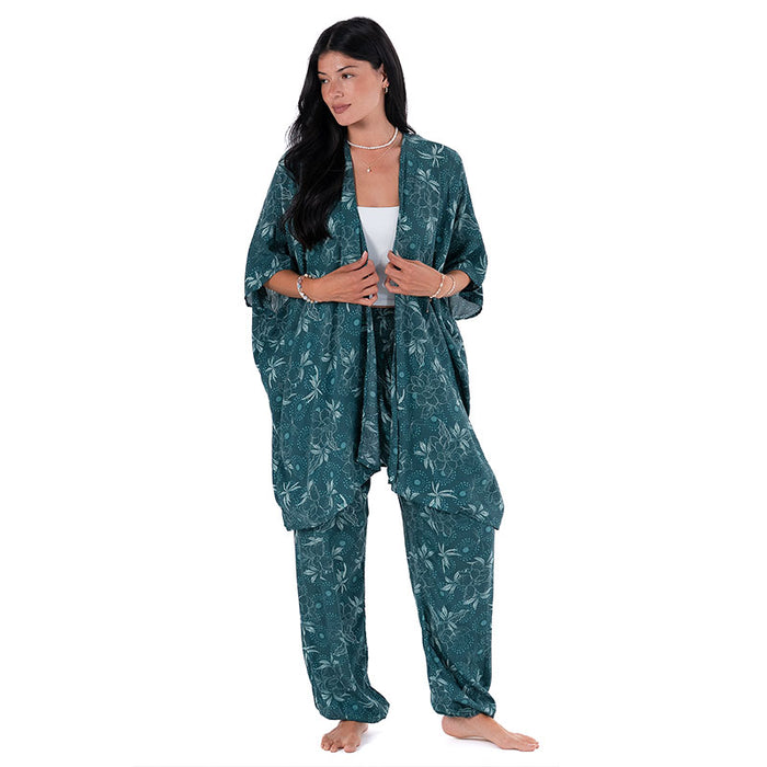 Jade Dahlia Harem Pants, worn with kimono