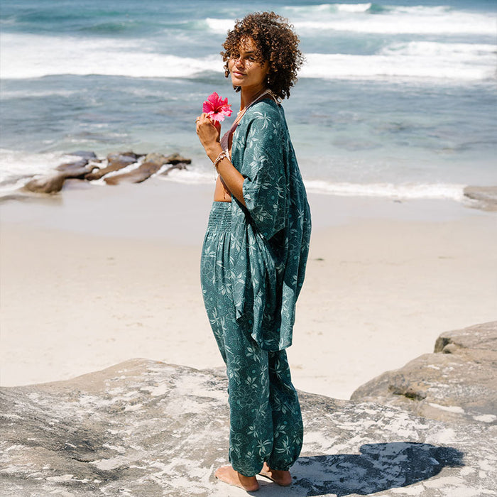 Jade Dahlia Kimono, worn on the beach
