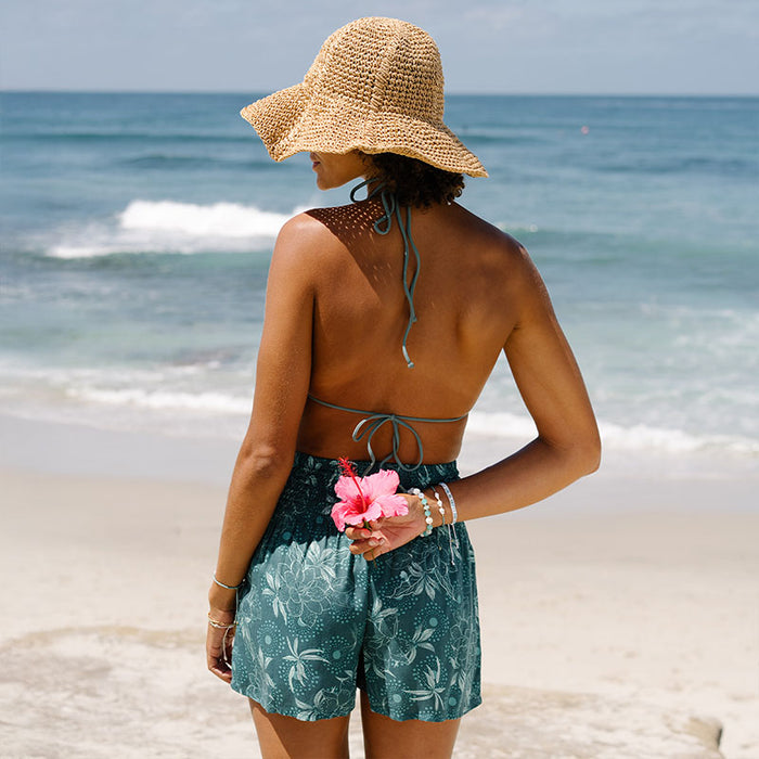 Jade Dahlia Shorts Lounge Set, back view on the beach