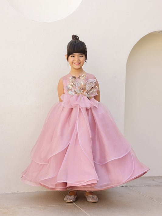 JANYAS CLOSET Amara Pink Petal Sequin  Gown