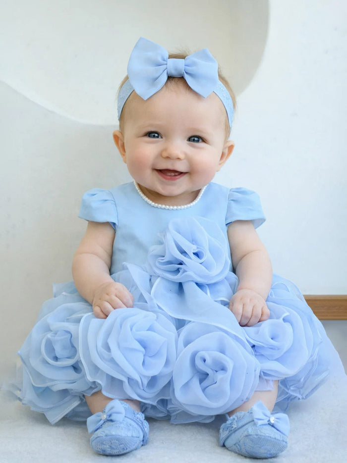 Janyas Closet Blue Hankie Draped Newborn Party Dress with Booties & Bow
