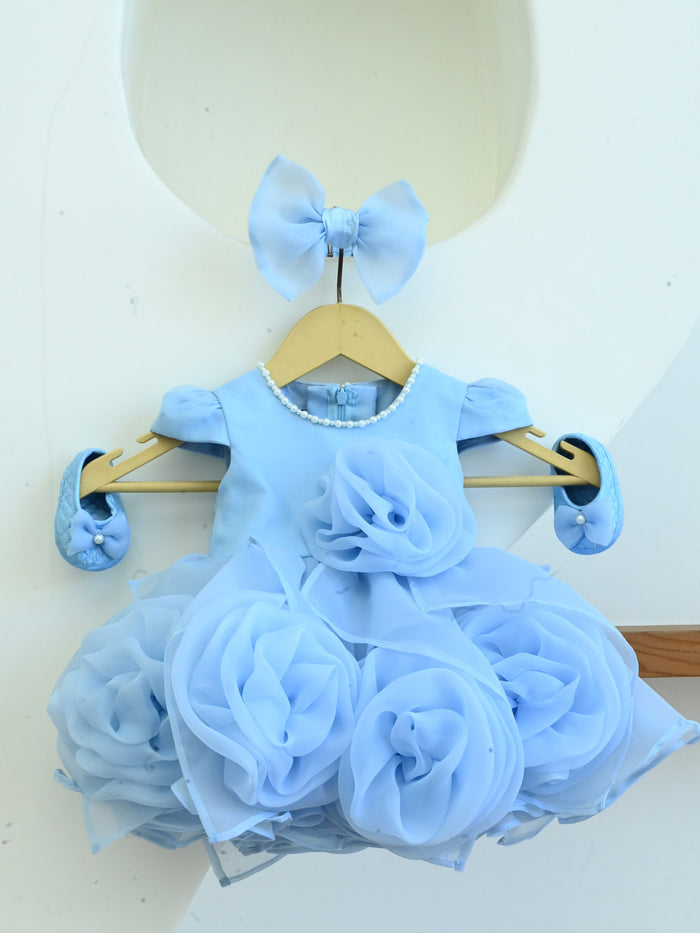 Janyas Closet Blue Hankie Draped Newborn Party Dress with Booties & Bow