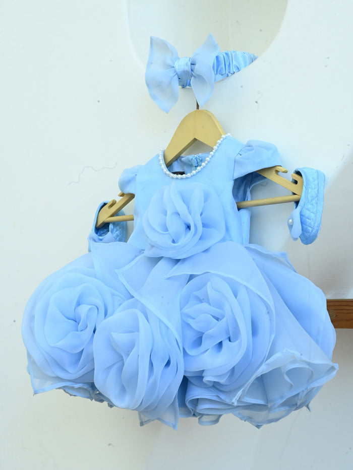 Janyas Closet Blue Hankie Draped Newborn Party Dress with Booties & Bow