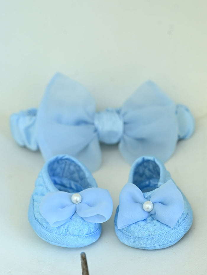 Janyas Closet Blue Hankie Draped Newborn Party Dress with Booties & Bow
