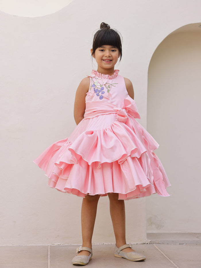 JANYAS CLOSET Blush Pink 3D Flower Satin Ruffle Party Dress