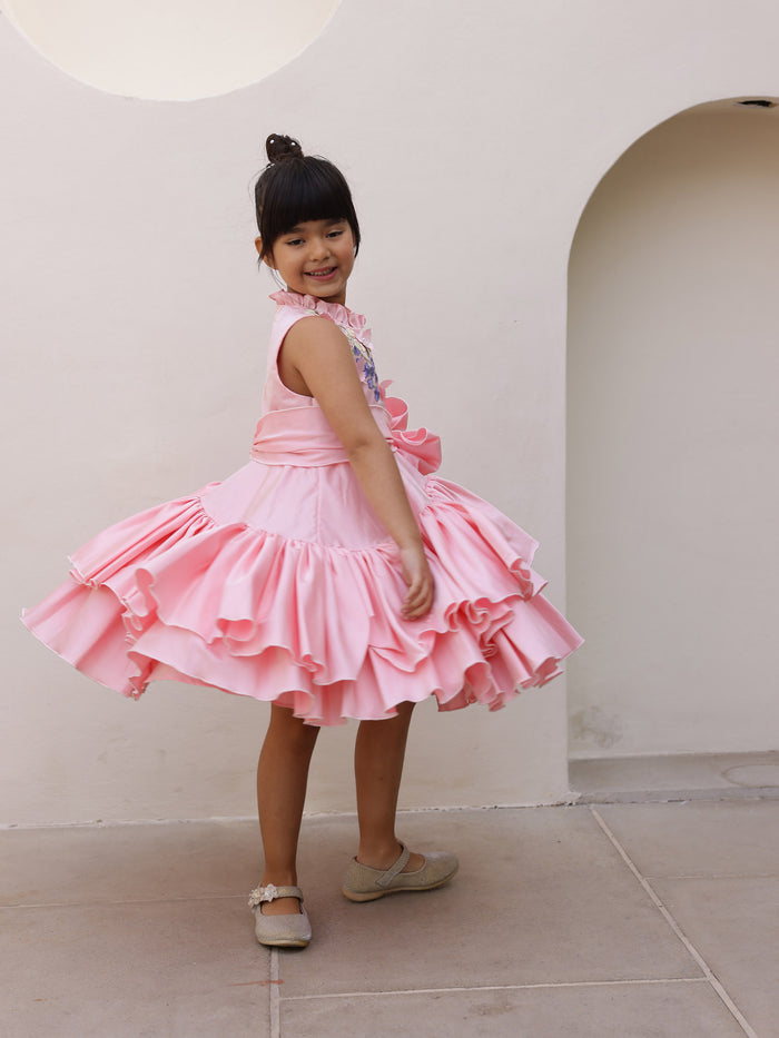 JANYAS CLOSET Blush Pink 3D Flower Satin Ruffle Party Dress