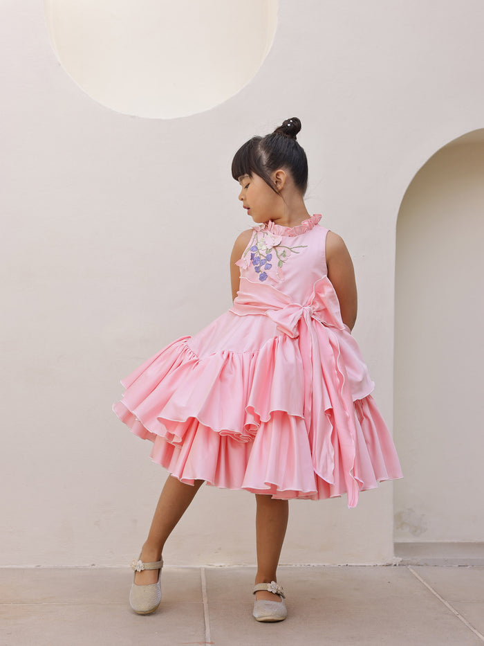 JANYAS CLOSET Blush Pink 3D Flower Satin Ruffle Party Dress