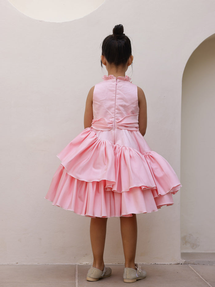 JANYAS CLOSET Blush Pink 3D Flower Satin Ruffle Party Dress