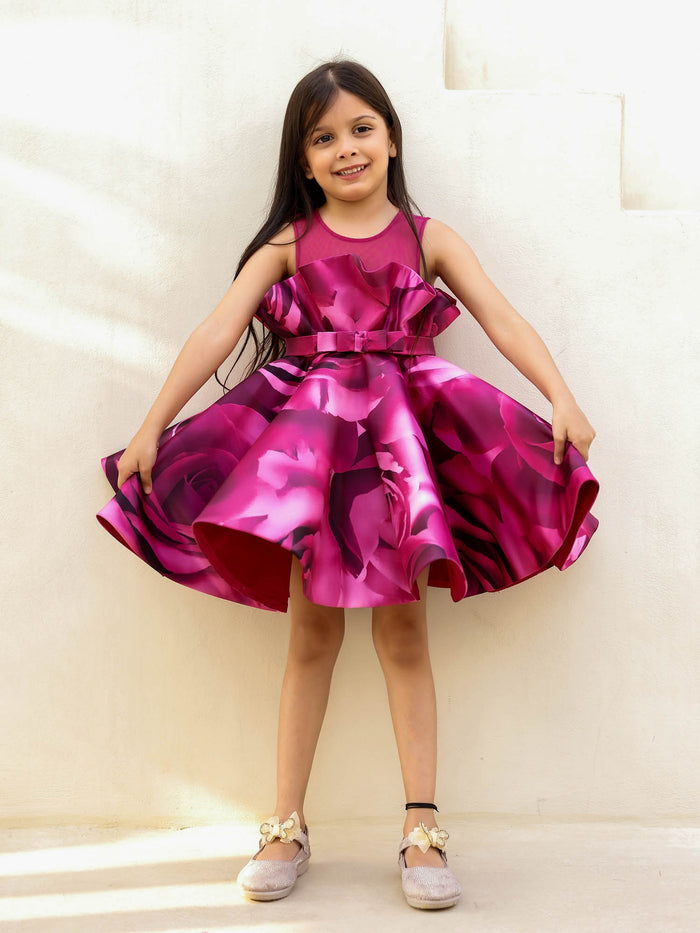 JANYAS CLOSET Charming Wine Rose Print Dress for Girls