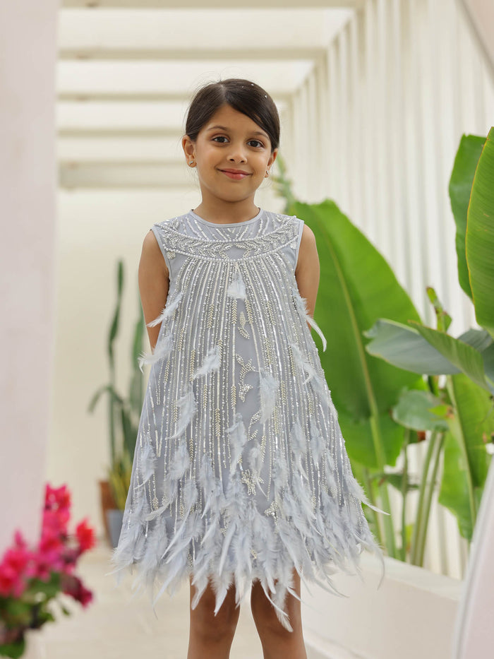 JANYAS CLOSET Couture Grey Feather Party Dress for Girls