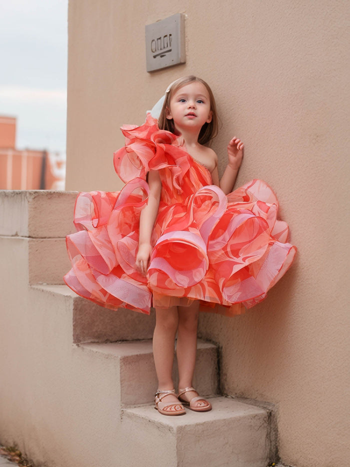 JANYAS CLOSET : Elegant Orange One-Shoulder Floral Organza Dress