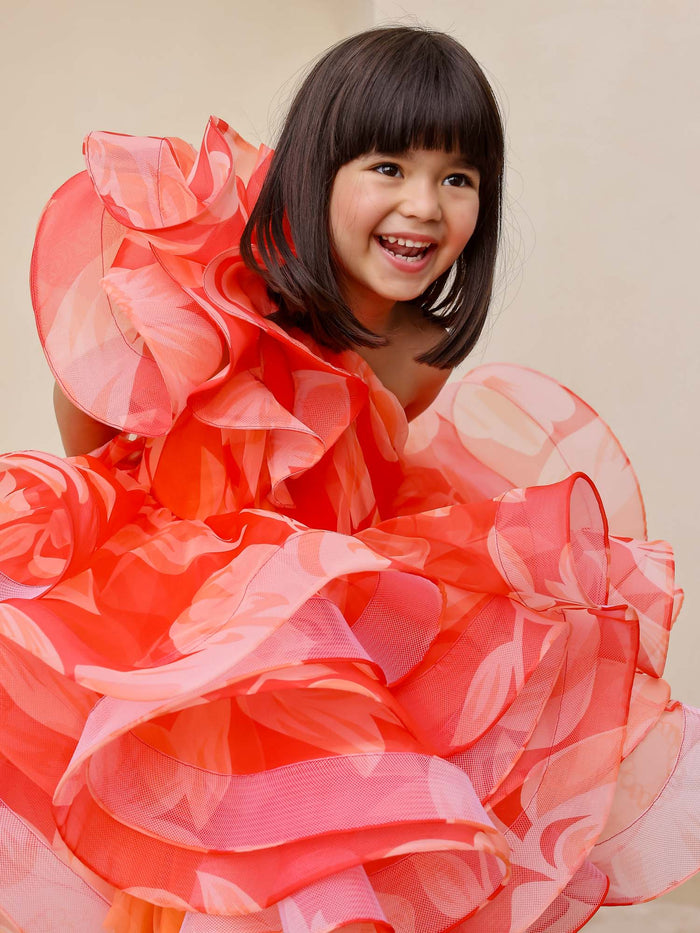 JANYAS CLOSET : Elegant Orange One-Shoulder Floral Organza Dress