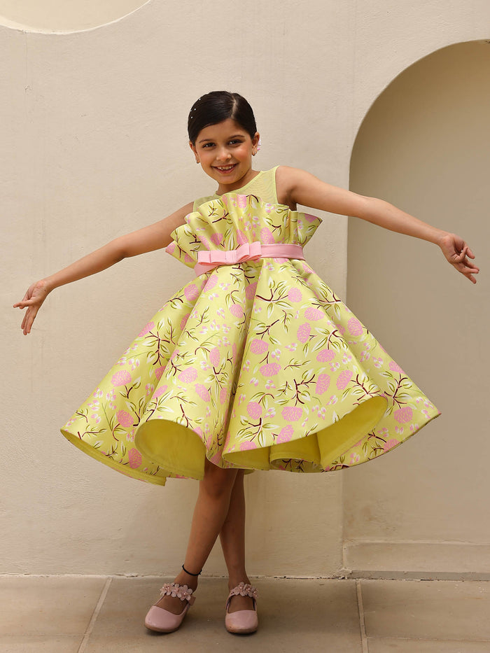JANYAS CLOSET Green Printed Party Dress For Girls