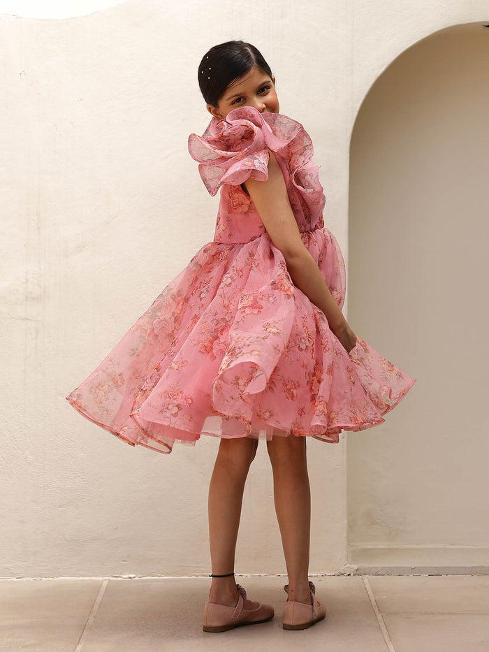 JANYAS CLOSET Mauve Pink Floral Printed One Shoulder Party Dress