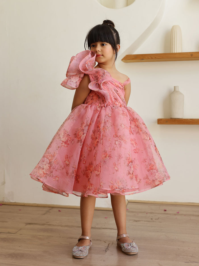 JANYAS CLOSET Mauve Pink Floral Printed One Shoulder Party Dress