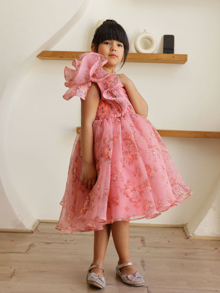 JANYAS CLOSET Mauve Pink Floral Printed One Shoulder Party Dress