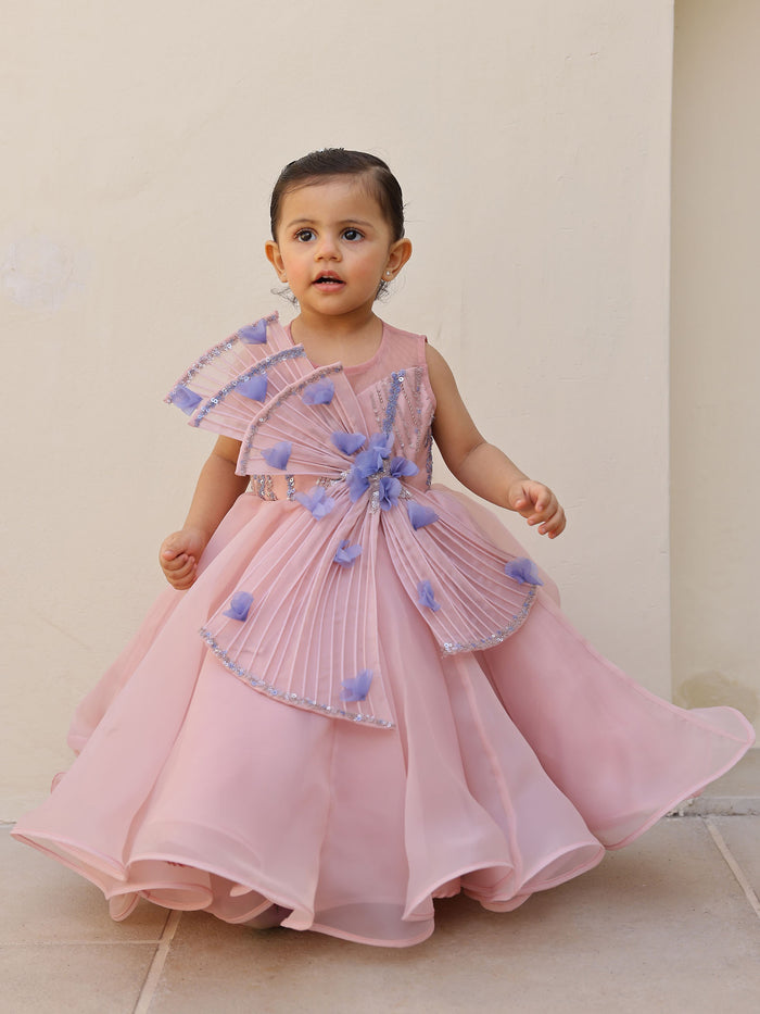Pink organza gown with wired draped neckline