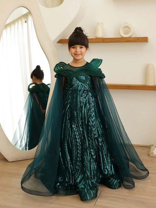 JANYAS CLOSET Mystic Green Sequin Embroidered Gown