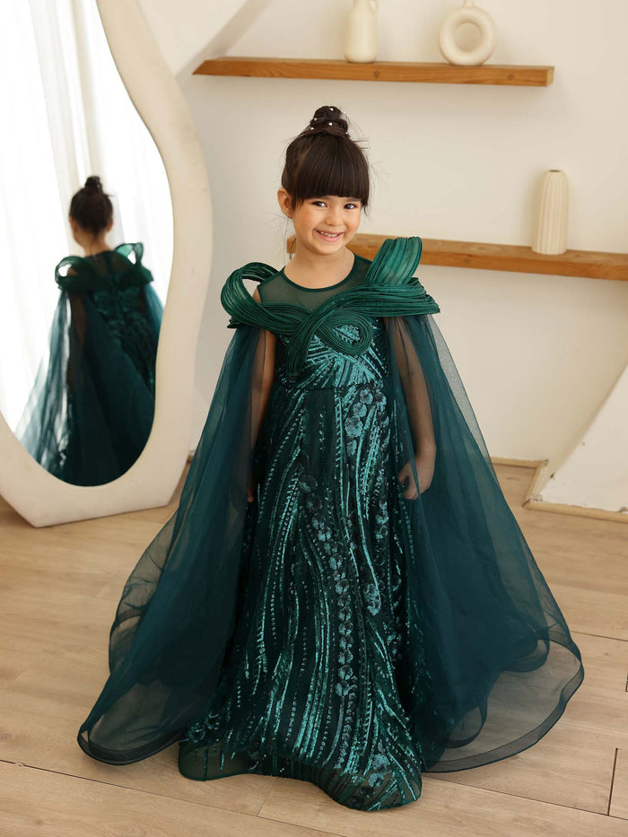 JANYAS CLOSET Mystic Green Sequin Embroidered Gown