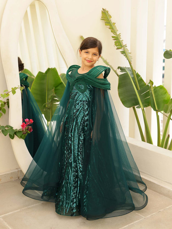 JANYAS CLOSET Mystic Green Sequin Embroidered Gown