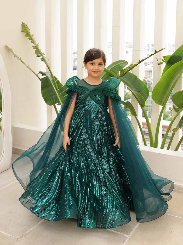 JANYAS CLOSET Mystic Green Sequin Embroidered Gown