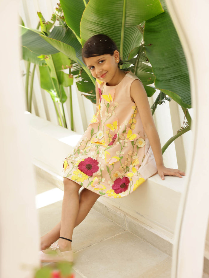 Peach Magic Blossom 3D Flower Girl Dress featuring pastel peach fabric and vibrant 3D floral embroidery