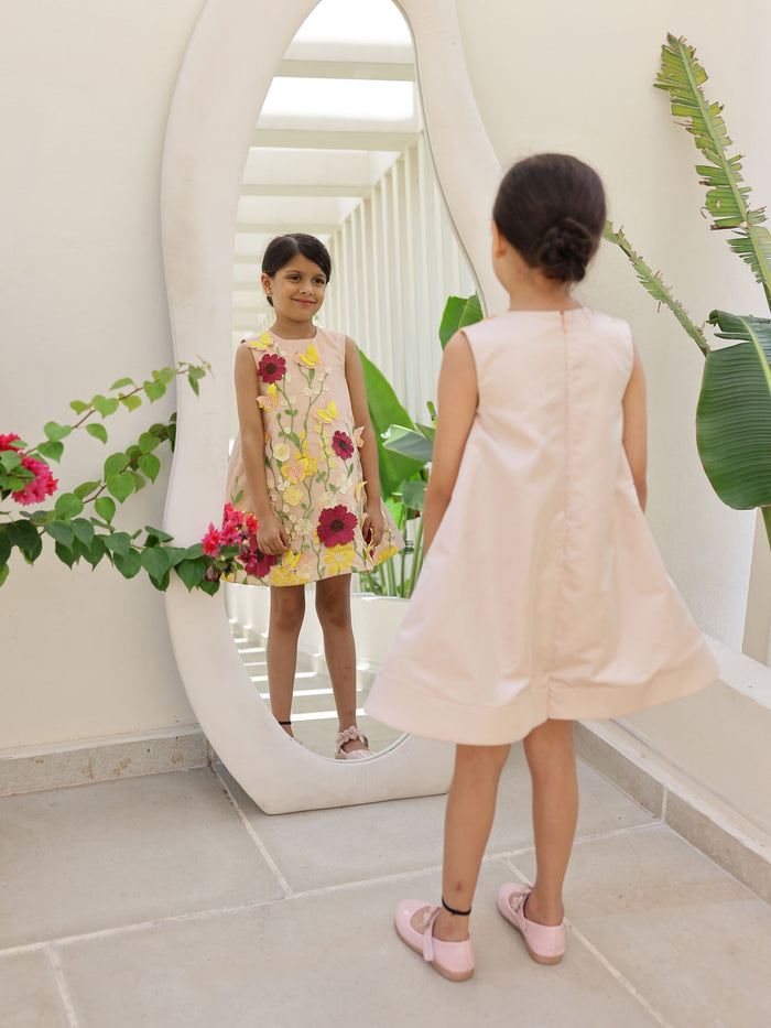 A-line peach dress with 3D embroidered flowers, perfect for weddings, birthdays, and special occasions
