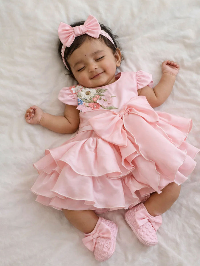 JANYAS CLOSET Pink Bow Ruffle Dress With 3D Embroidery