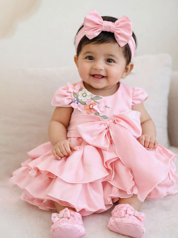 JANYAS CLOSET Pink Bow Ruffle Dress With 3D Embroidery