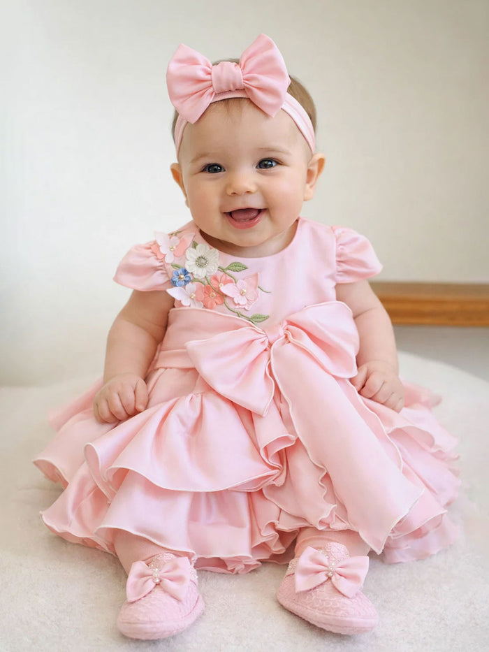 JANYAS CLOSET Pink Bow Ruffle Dress With 3D Embroidery